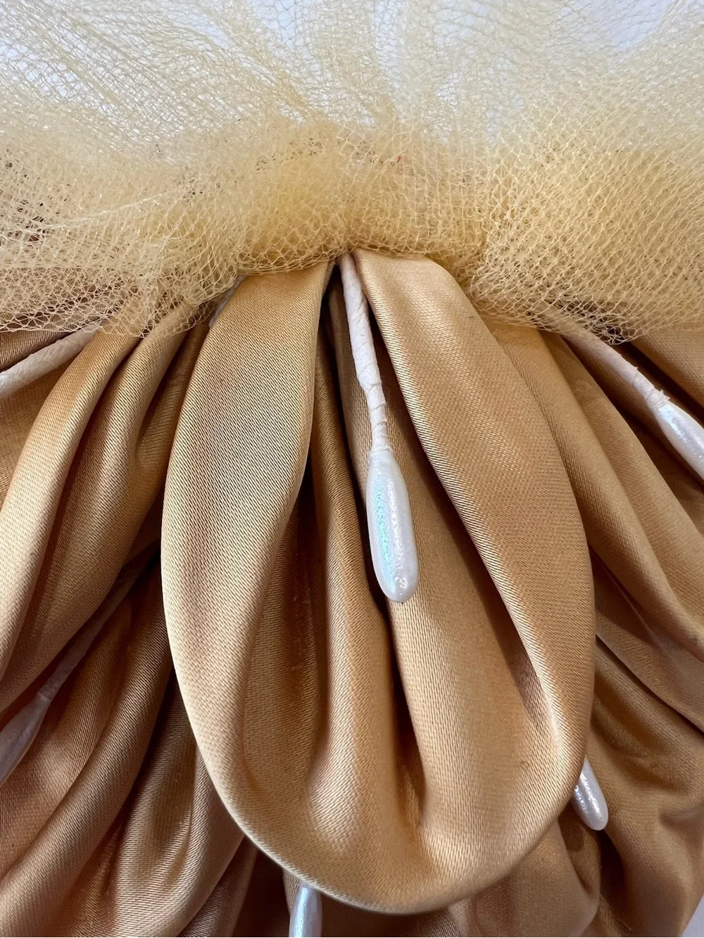 Vintage Gold Satin Floral Hair Clip with Tulle and Pearl Accents
